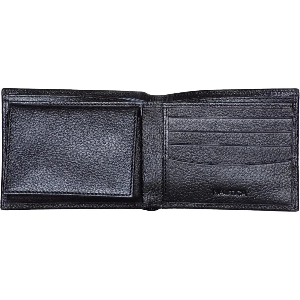 Nautica Men's Bifold Leather Wallet Black RFID Blocking ID Window Card Slots